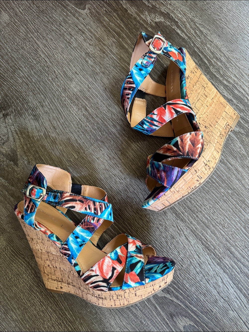 Wedge Cork Heel Sandals in Multicolor Floral Print - sz 8